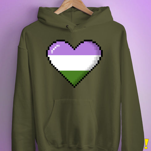 Genderqueer Pride Pixel Heart Hoodie - Army